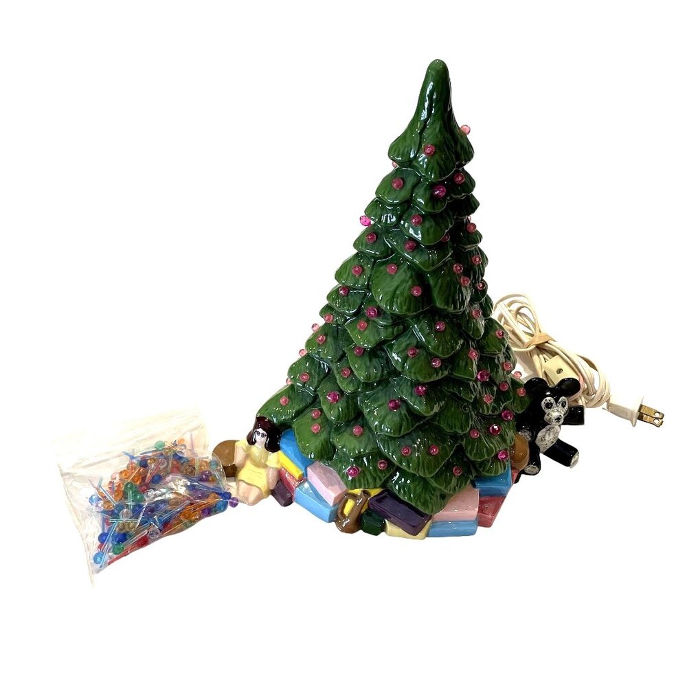 Unique Vintage Handmade Ceramic Green u Christmas Tree Little Girl Presents Tedd